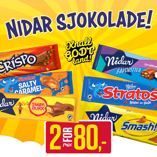 2 for 80,- Nidar sjokoladeplater