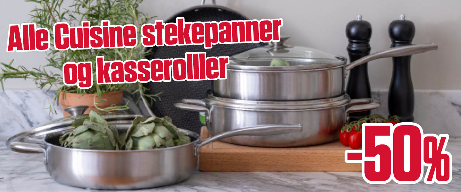 -50 % alle Cuisine kasseroller og stekepanner