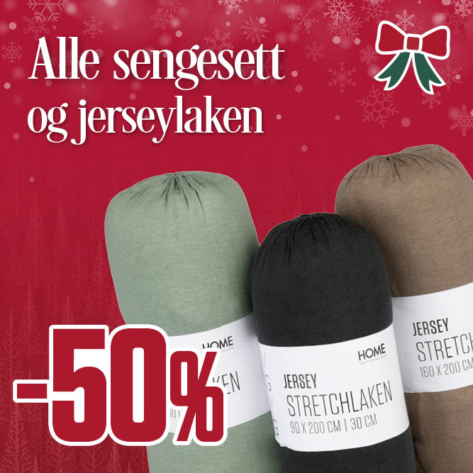 -50 % alle sengesett og jerseylaken