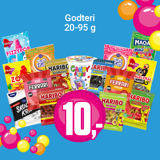 NÅ 10,- godteri 20-95g