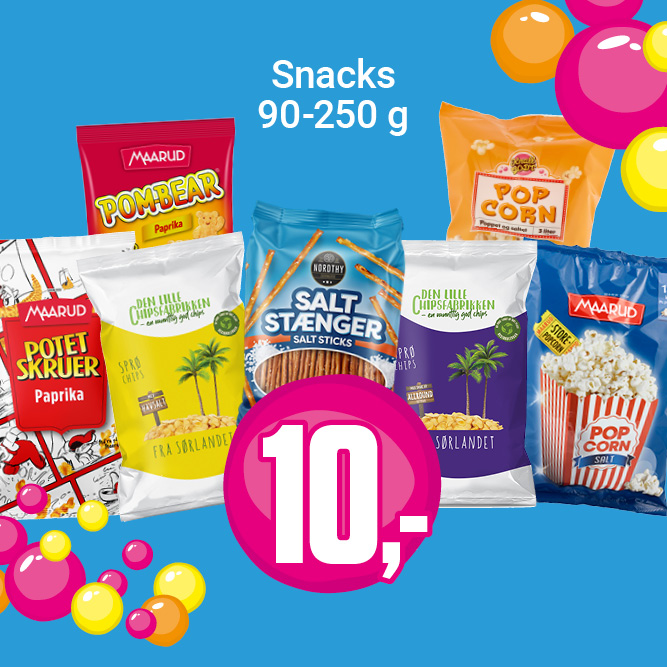 NÅ 10,- Snacks 90-250g