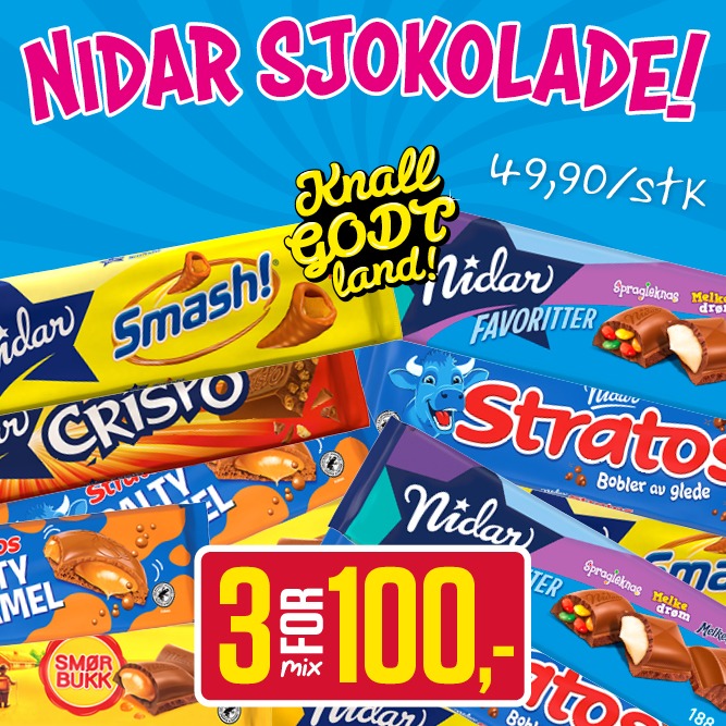 3 for 100,- Nidar sjokoladeplater